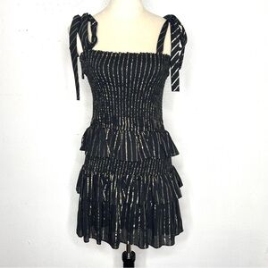 HOUSE OF HARLOW 1960 Tiered Ruffle Mini Dress Tie Shoulder Back Gold Size XS